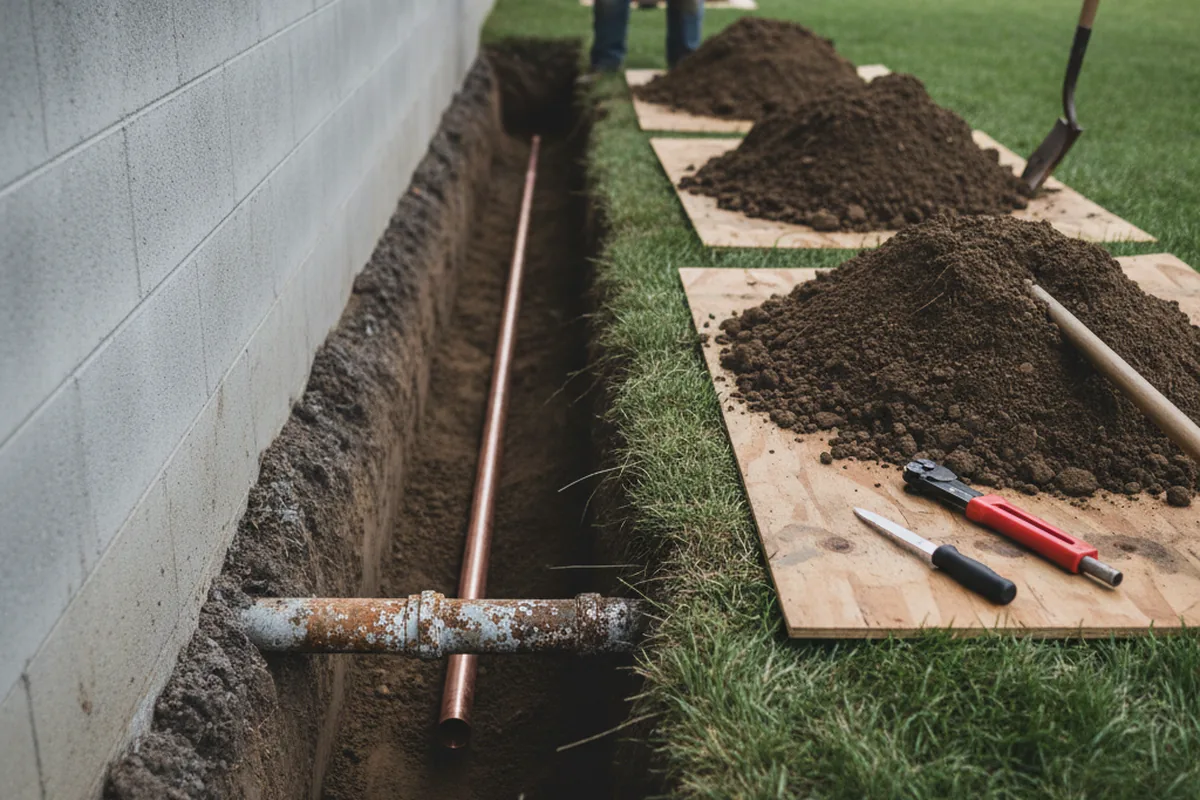 Excavated water line trench during Water Heater Repair in Crooksville